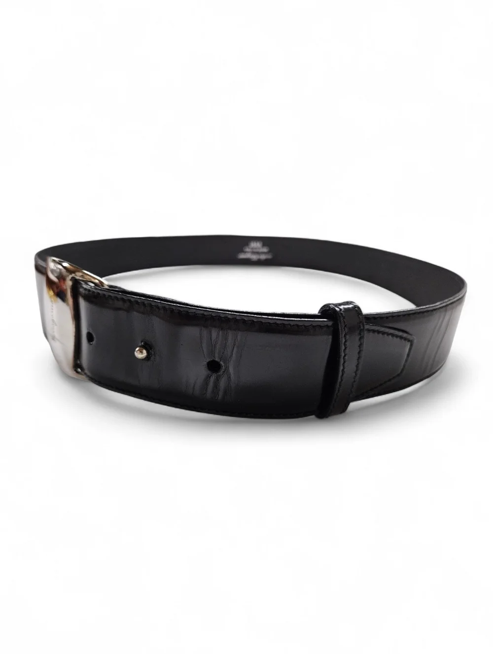 Salvatore Ferragamo Vera Leather Belt In Black Leather With Silver Buckle Sz 75